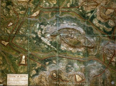 Model dat het beleg en de slag bij Alesia in september 52 v.Chr. door Julius Caesar reproduceert, die de nederlaag van Vercingetorix zag. Schaal 1/1000. Rome, Museo della Civilta Romana door Roman Roman
