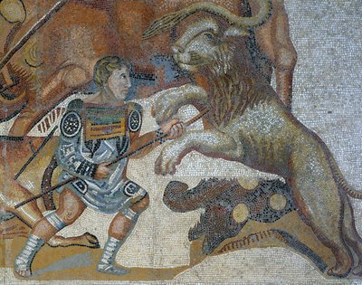 Mozaïek met een scène van een wilde dierenjacht, detail van een gladiator die een wild dier doodt door Roman Roman