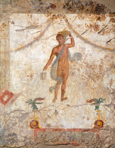 Schilderij in de Vierde Pompeiaanse Stijl met een Genius met een mand en situla door Roman Roman