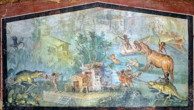 Schildering op pleisterwerk met een Nilotisch tafereel met pygmeeën die krokodillen en nijlpaarden aanvallen, 75x127 cm, uit Pompeii (UNESCO Werelderfgoedlijst) door Roman Roman
