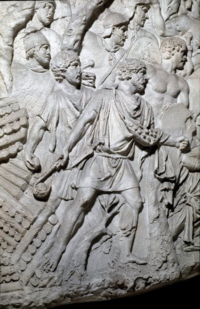 Romeinse kunst: Dacische krijgers die een steenwerper gebruiken tijdens de Eerste Oorlog in Dacië. Mal uit 1862 die de bas-reliëfs van de zuil van Trajanus in Rome reproduceert door Roman Roman