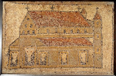 Romeinse kunst: mozaïek van een basiliek weergegeven in perspectief, 2e helft van de 5e eeuw, Nabije Oosten - Parijs, Musée du Louvre - Romeinse kunst: mozaïek van Qabr Hiram nabij Tyrus in Fenicië, uit een vroeg-Byzantijnse (vroege christelijke) kerk gewi door Roman Roman