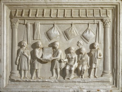 Romeinse kunst: mal die een stof en wandtapijten voorstelt. Van een origineel uit de 2e eeuw na Christus (laag reliëf) door Roman Roman