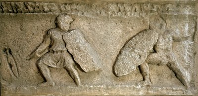 Romeinse kunst: scène van een gevecht tussen Romeinen en Galliërs. Reproductie van een fries van de Boog van Orange. Rome, Museo della Civilta Romana door Roman Roman