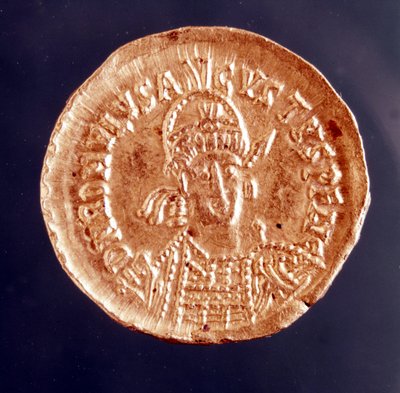 Romulus Augustule, in het Latijn Flavius Romulus Augustus (of Romulus Augustulus), rond 460 - 511, de laatste Romeinse keizer van het westen. Portret op een munt, 5e eeuw door Roman Roman