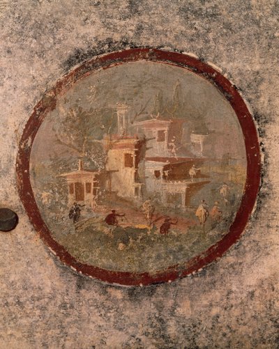 Rond met huizen en gebouwen, detail van fresco uit Huis van de Eeuwfeest, Pompeii, Campania, Romeinse beschaving door Roman Roman