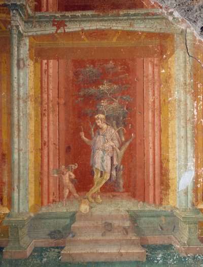 Theaterscène, fresco (IV stijl) op rode achtergrond uit Huis van Pinarius Cerialis, Pompeii (Unesco Werelderfgoedlijst) door Roman Roman
