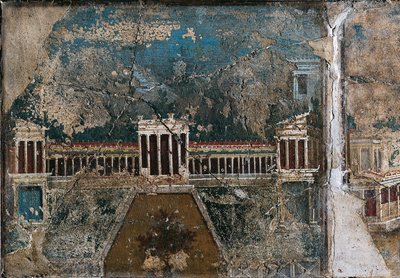 Derde stijl fresco met architectonisch landschap, detail van gebouw omgeven door zuilengalerij, uit Pompei door Roman Roman