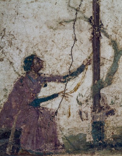 Vrouw bij heilige boom, fragment van fresco uit Pompeii, Campania, Italië, Romeinse beschaving door Roman Roman