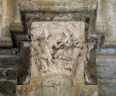Een muzikant en een demon die wellust symboliseren (gekerfd kapiteel) door Romanesque