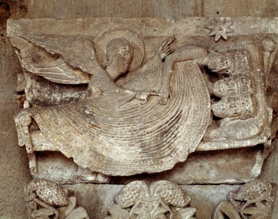 De wijzen slapen met een engel die hen wekt en wijst naar de ster van Bethlehem (gebeeldhouwd kapiteel) door Romanesque