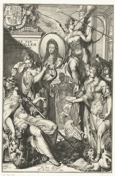 Allegorische frontispice met portret van Willem III door Romeyn de Hooghe