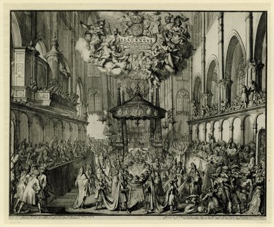 Koor van Westminster Abbey met de lijkplechtigheid voor de koningin, 1695 door Romeyn de Hooghe