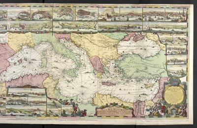 Kaart van de Middellandse Zee met allegorische figuren en zeemonsters die de inlagen verfraaien, uit 