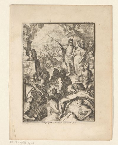 Stadhouder Willem III en Maria Stuart te midden van mythische figuren door Romeyn de Hooghe