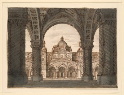 Toneelontwerp, kerkgevel vanuit een loggia, I due Valdomiri door Felice Romani, muziek door Pietro de Winter. Uitgevoerd in La Scala, Milaan, 1818 door Romolo Achille Liverani