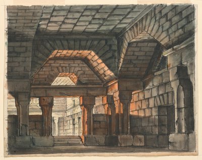 Toneelontwerp, Versterkte Kasteelinterieur voor "Ciro in Babilonia" door Gioachino Rossini, La Scala, Milaan, 1818, "Prigione Sotterranea" door Romolo Achille Liverani