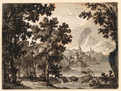 Toneelontwerp: Landschap met hut, voor de opera La Straniera door Romolo Achille Liverani