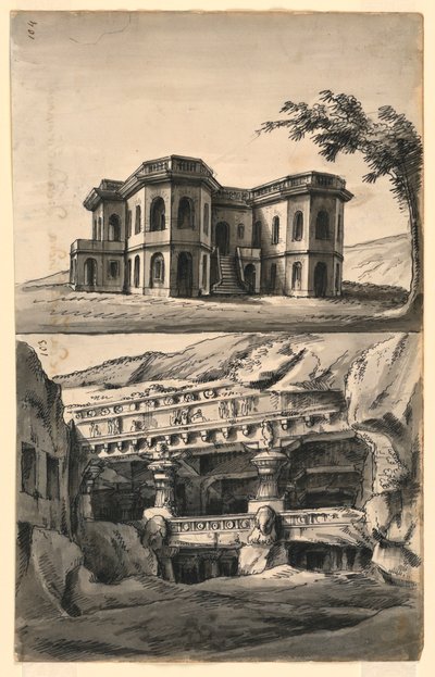 Toneelontwerpen, kasteel in landschap en tempels en grotten door Romolo Achille Liverani