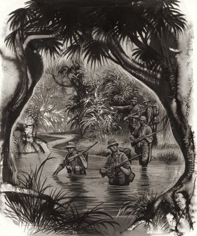 ANZAC-troepen steken een oerwoudrivier over tijdens een patrouille in de Tweede Wereldoorlog (gouache op papier) door Ron Embleton