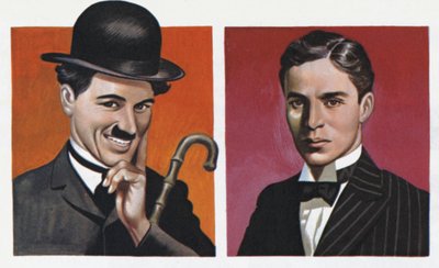Charlie Chaplin, in kostuum en zoals hij echt was (kleurenlitho) door Ron Embleton