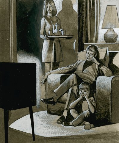 Een gezin kijkt televisie in zwart-wit in de jaren 1960 door Ron Embleton