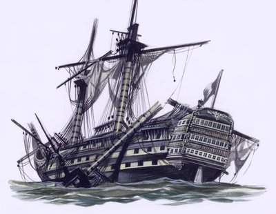 HMS Victory na de Slag om Trafalgar, met weggeschoten bezaan topmast (gouache op papier) door Ron Embleton