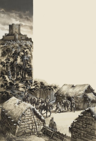 Middeleeuws dorp (gouache op papier) door Ron Embleton