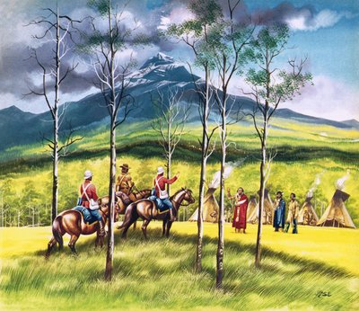 Mountie James Walsh ontmoet Sitting Bull om hem te overtuigen van de noodzaak van vrede. door Ron Embleton