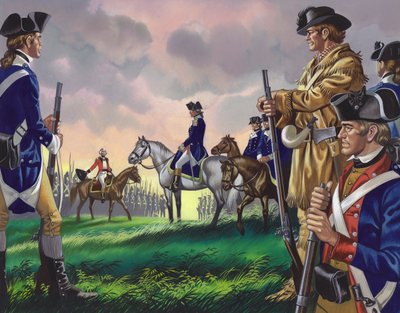Overgave door generaal Cornwallis aan de Amerikaanse commandant in Yorktown, Virginia op 19 oktober 1781 () (gouache op papier) door Ron Embleton