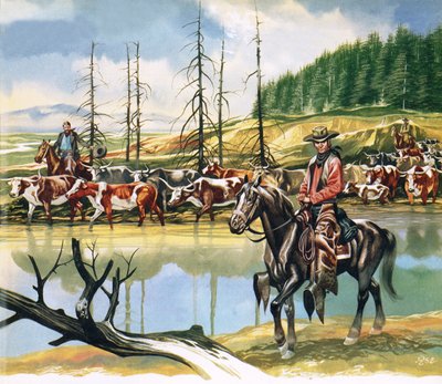Texaanse cowboys drijven vee naar het noorden door Ron Embleton