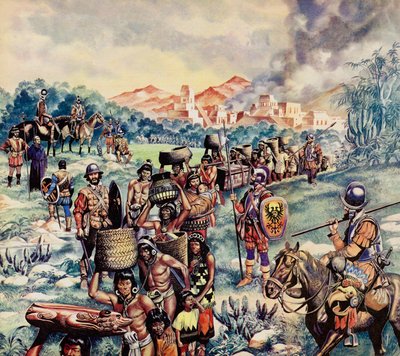 De Spaanse verovering van Mexico (kleurenlitho) door Ron Embleton