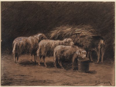 Een paar schapen en een ram in een stal door Rosa Bonheur