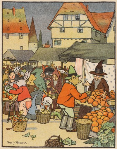 Op de speelmarkt (kleurenlitho) door Rosa Petherick
