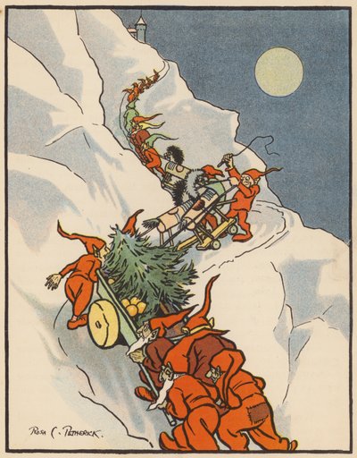 De roodkopkabouters leveren de kerstboom af (kleurenlitho) door Rosa Petherick