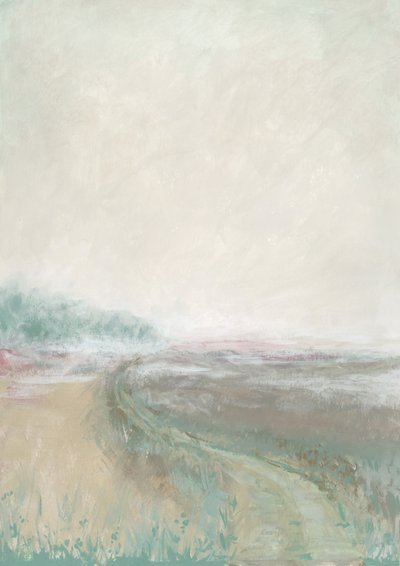 Nevelig pastelkleurig landschap door Rosana Laiz Blursbyai