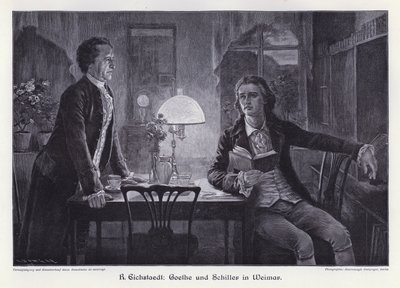 Duitse schrijvers Friedrich Schiller en Johann Wolfgang von Goethe in Weimar (gravure) door Rudolf Eichstaedt