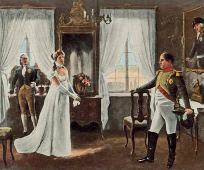 Ontmoeting van koningin Louise met Napoleon I in Tilsit, 6 juli 1807 (kleurenlitho) door Rudolf Eichstaedt