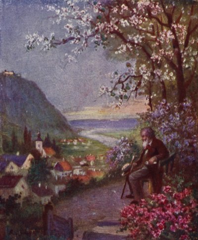 Leopoldsberg, op de voorgrond Brahms, rustend na een lange wandeling door Rudolf Klingsbogl