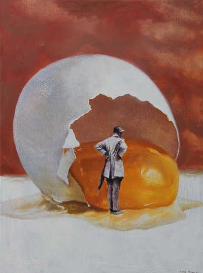 Surrealistische man en reusachtig ei door Rudolf Kosow
