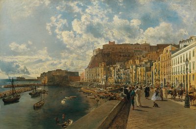 Aan het strand van Santa Lucia in Napels door Rudolf von Alt