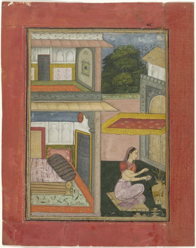Gunakari Ragini, vrouw zittend in een hof van een paleis door Rukn ud din (attributed to)