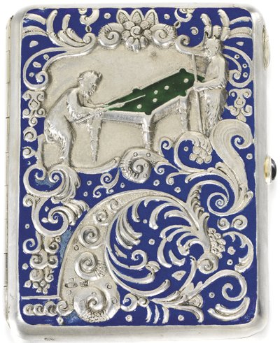 Sigarettenkoker met twee saters die Russisch biljart spelen, 1884 door Russian Master