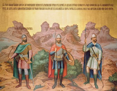 Grote Prinsen Rurik, Igor en Sviatoslav, muurschildering door Palekh-meesters in de Facettenkamer, 1882 door Russian School
