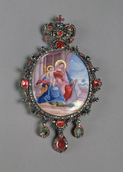 Panagia met miniatuur van Madonna en Kind (geschilderd email en geëmbosseerd zilver met edelstenen) door Russian School