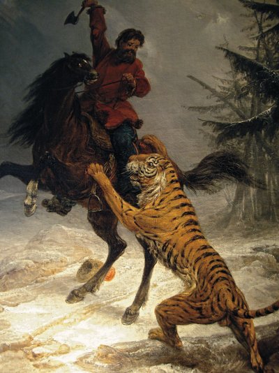 Siberische Tijger die een Kozak Aanvalt door Russian School