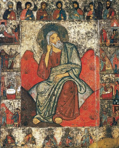 De profeet Elia in de wildernis met scènes uit zijn leven en Deesis door Russian icon.
