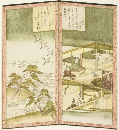 Paleisinterieur en strand, uit een ongetitelde hexaptych die een paar vouwschermen afbeeldt door Ryuryukyo Shinsai