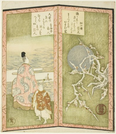 Pruimenbloesems en dichter, uit een ongetitelde hexaptych die een paar vouwschermen afbeeldt door Ryuryukyo Shinsai