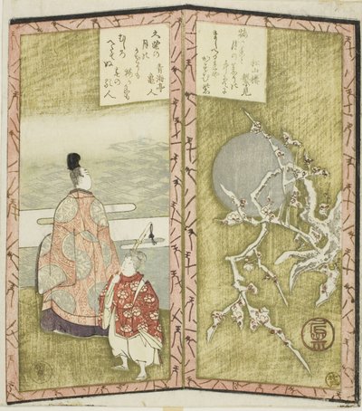 Pruimenbloesems en dichter, uit een ongetiteld hexaptychon dat een paar vouwschermen afbeeldt door Ryuryukyo Shinsai